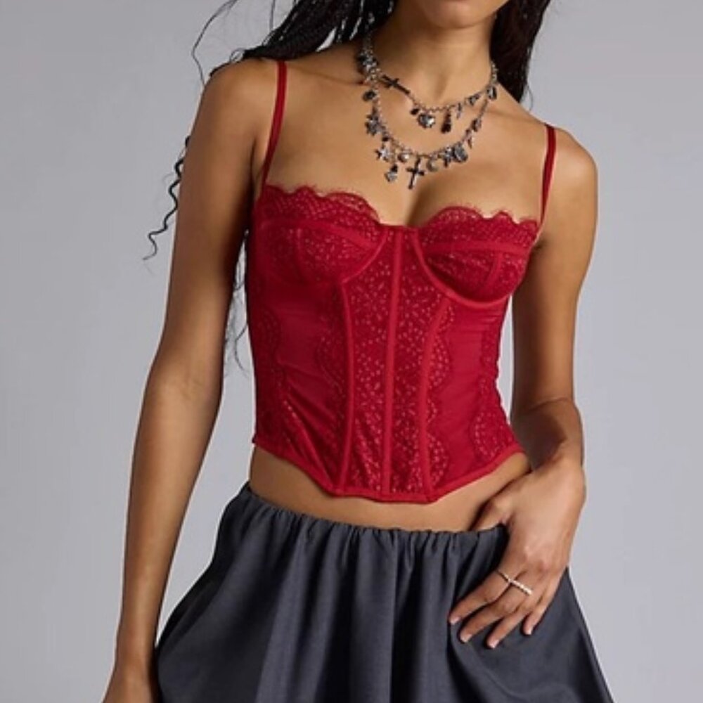 UO Out From Under Red Lace Corset / Bustier Top – Sheer Mesh